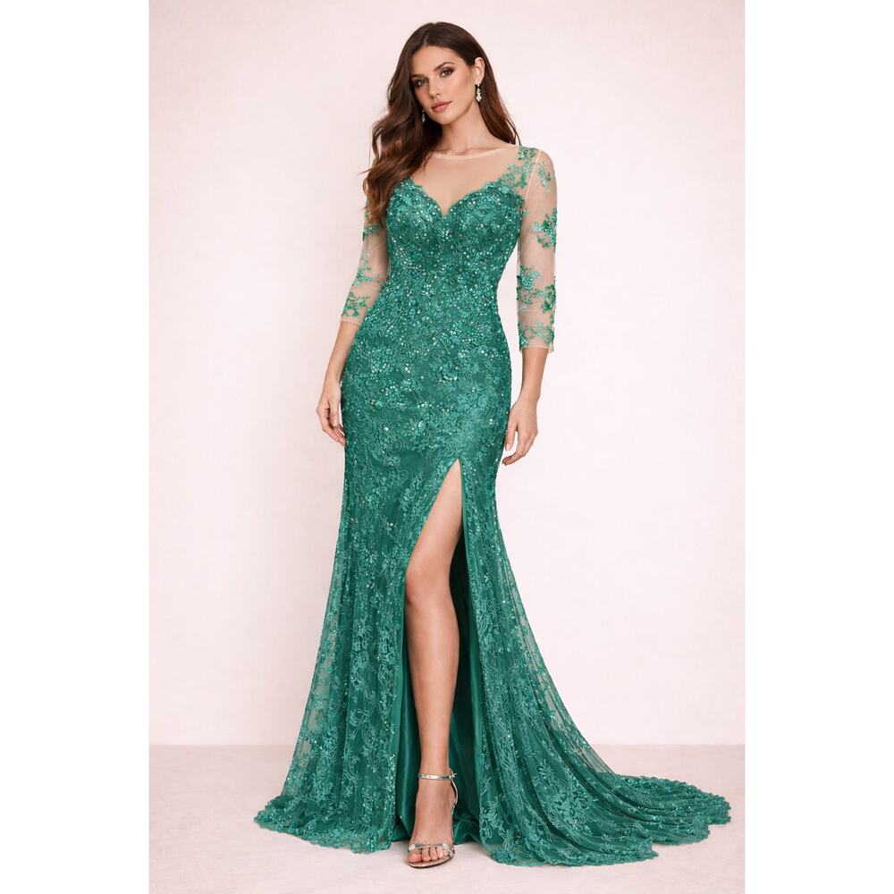 House of Jovelle Evening Gown Formal Dress Women M Teal Lace Beaded Elegant